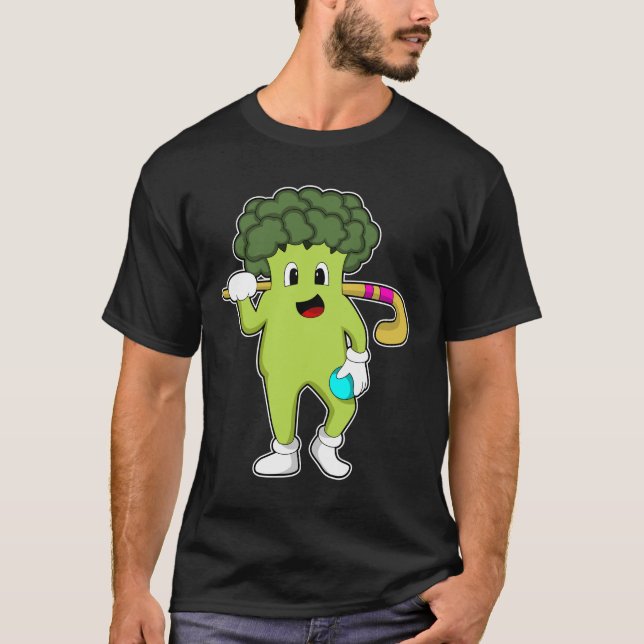 Broccoli im Hockey mit Hockey-Fledermaus T-Shirt (Vorderseite)