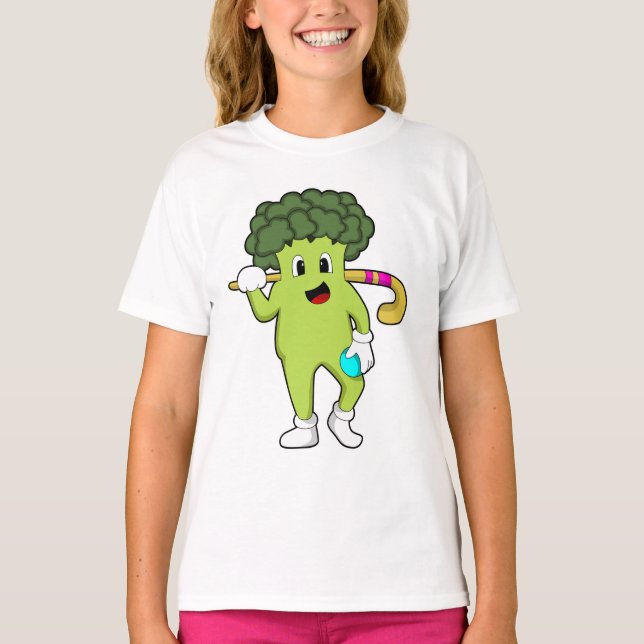 Broccoli im Hockey mit Hockey-Fledermaus T-Shirt (Vorderseite)