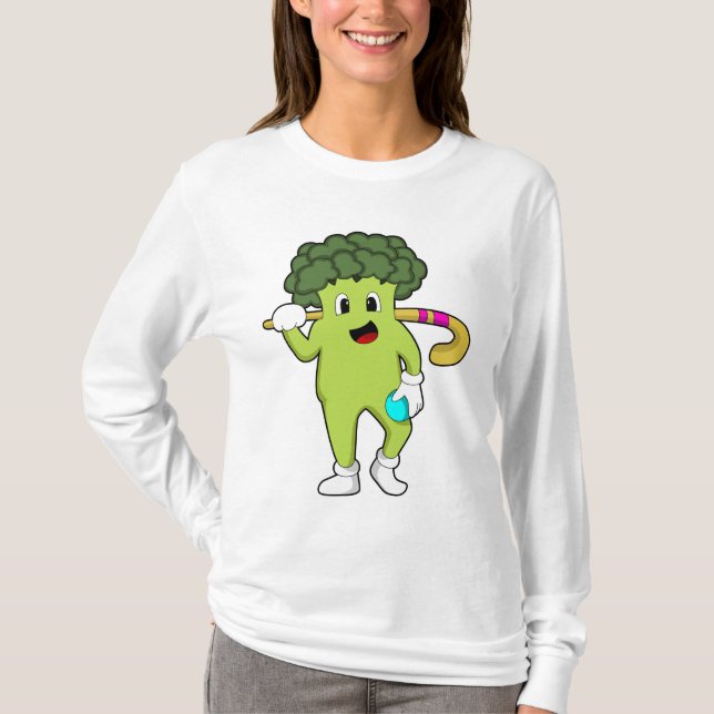Broccoli im Hockey mit Hockey-Fledermaus T-Shirt (Vorderseite)