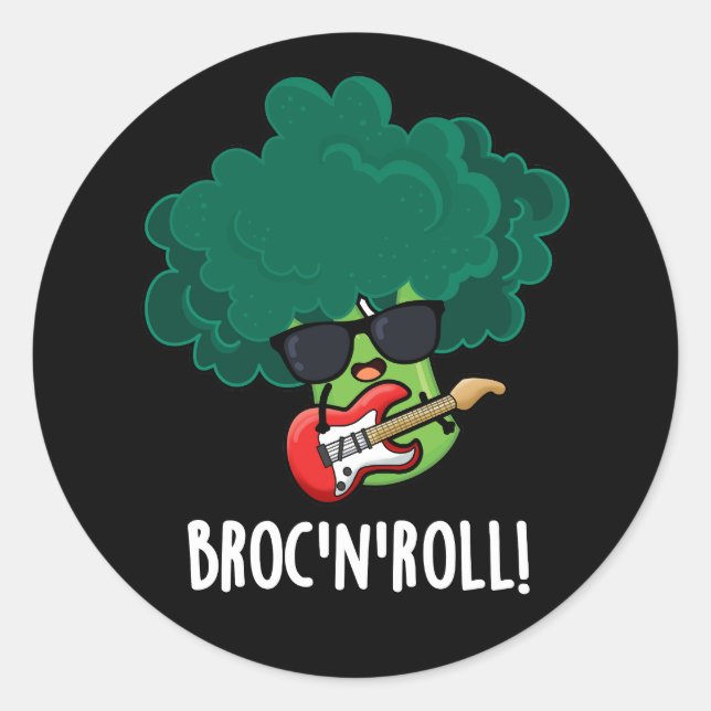 Brock n Roll Funny Veggie Broccoli Pun Dark BG Runder Aufkleber (Vorderseite)