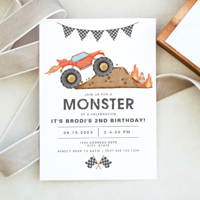 BRODI Red Monster Truck Boy Birthday Einladung (Von Creator hochgeladen)