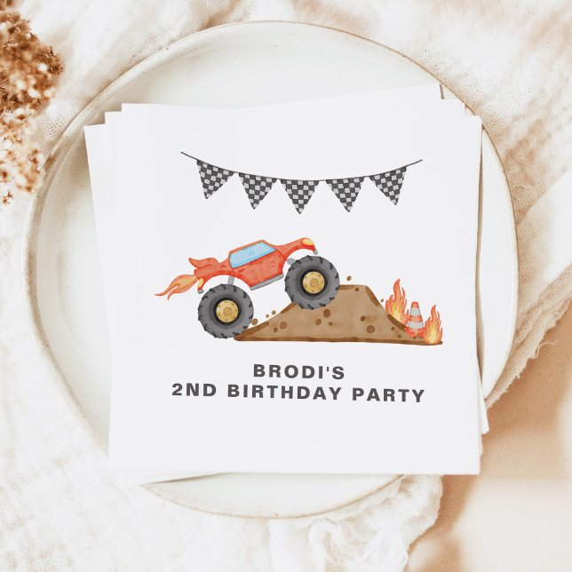 BRODI Red Monster Truck Boy Birthday Serviette (Von Creator hochgeladen)