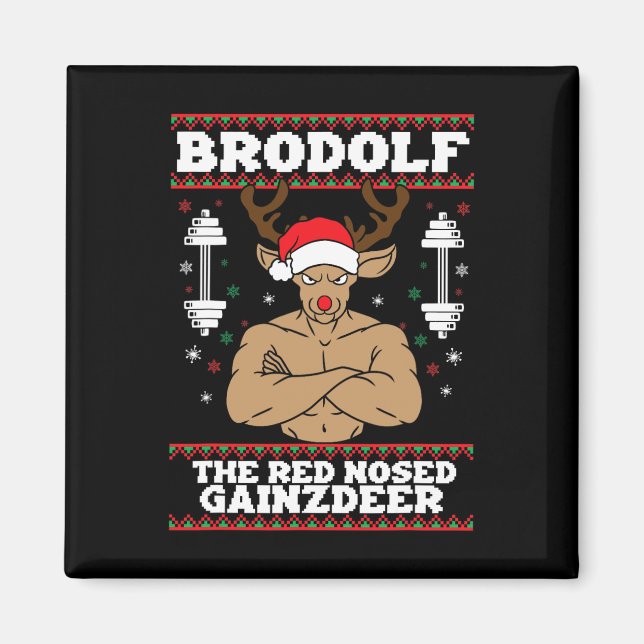 Brodolf Funny Christmas Buff Reindeer Gym Bodybuil Magnet (Vorne)