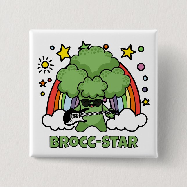 Brokkoli spielt Gitarre, Brocc Star und Regenbögen Button (Vorderseite)