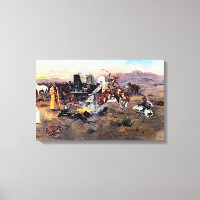 Bronc im Kuhlager von Charles M. Russell Leinwanddruck (Vorderseite)