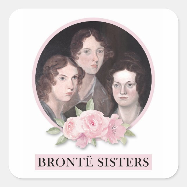 Bronte Sisters Portrait mit rosa Rosen Quadratischer Aufkleber (Vorderseite)