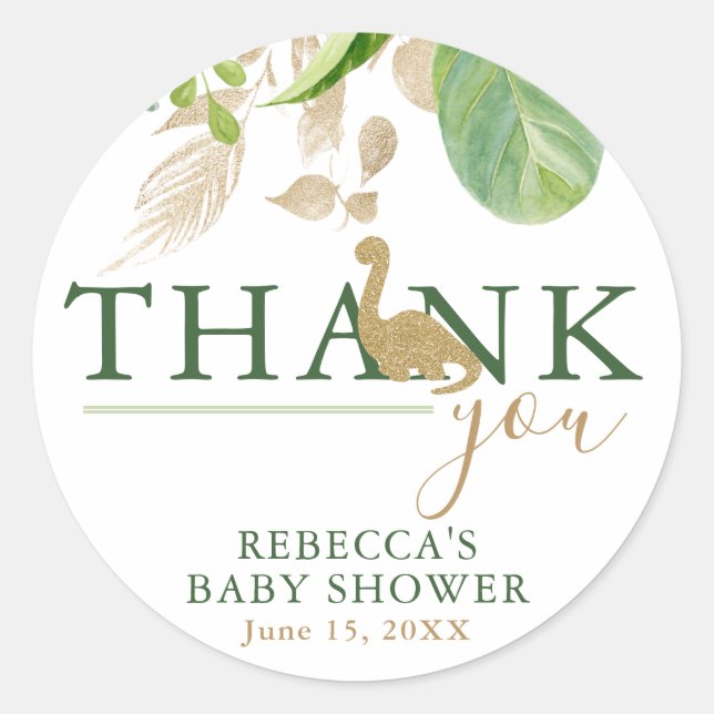 Brontosaurus Dinosaur Green und Gold Baby Dusche Runder Aufkleber (Vorderseite)