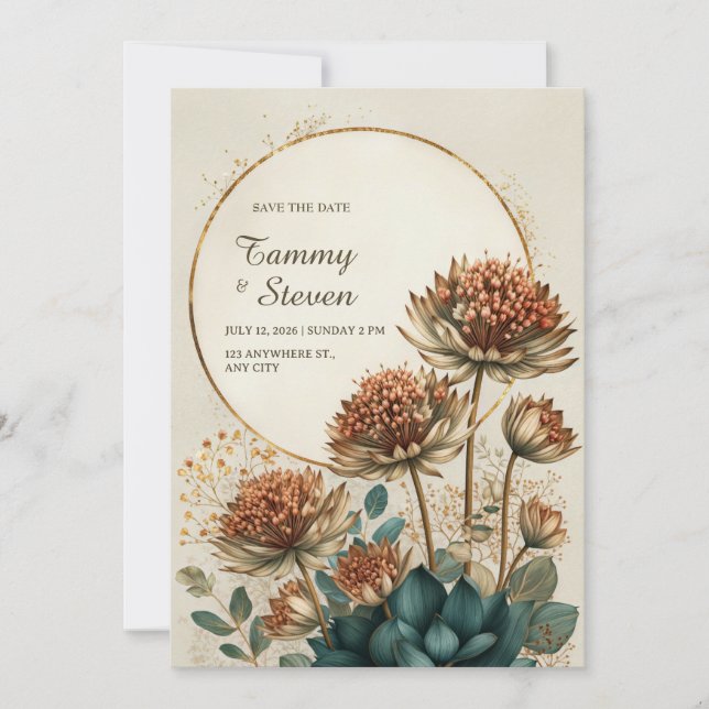 Bronze Astrantia Teal Botanische Hochzeit Einladung (Vorderseite)