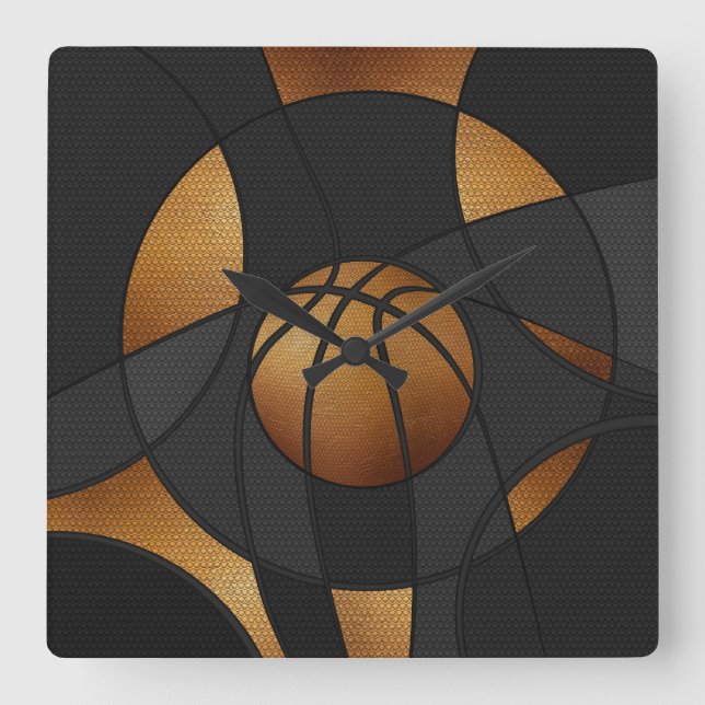Bronze Basketball Abstrakte Kunst Quadratische Wanduhr (Vorderseite)