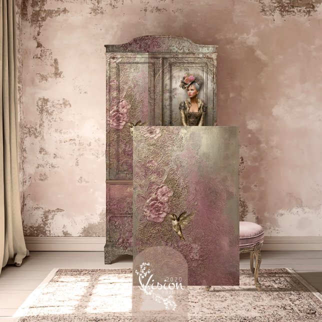 Bronze Blush, Gold Hummingbird, Embossed Patina Seidenpapier (Bronze Blush, Gold Hummingbird, Metallic Effect, Embossed Floral Patina Decoupage Tissue Paper.)