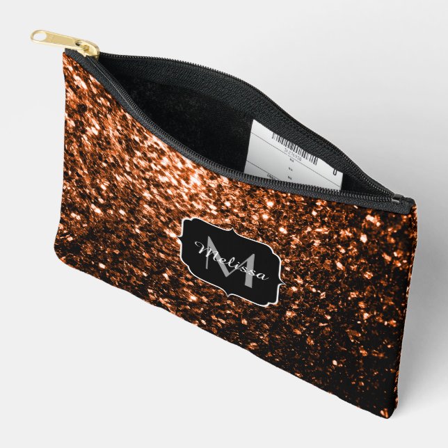 Bronze-braune Imitate Glitzer Glitzern Monogramm Zubehörtasche (Offen)