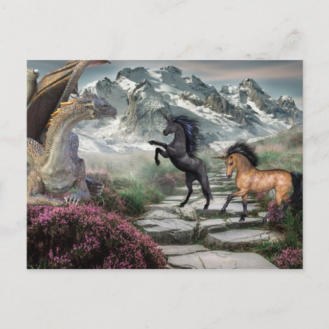 Bronze Dragon Unicorn Fantasie Postkarte (Vorderseite)