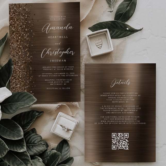 Bronze gebürstete Metall-Glitter-QR-Code-Hochzeit Einladung (Von Creator hochgeladen)