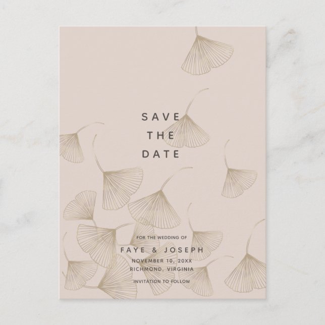 Bronze Ginkgo Blätter Rosa Beige Save the Date Ankündigungspostkarte (Vorderseite)