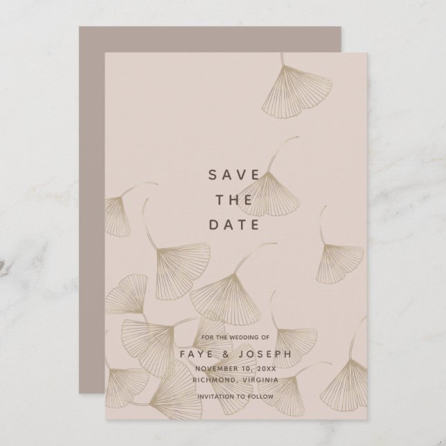 Bronze Ginkgo Blätter Rosa Beige Save the Date Kar Einladung (Vorne/Hinten)