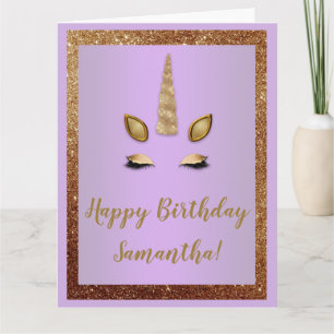 Bronze Glitter and Purple Gold Unicorn Birthday Karte