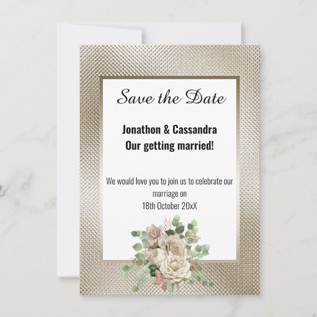 BRONZE GLITZER ROSE EUCALYPTUS SAVE THE DATE (Vorderseite)