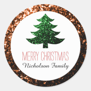 Bronze + Grünen Weihnachtsbaum Glitzern Geschenkma Runder Aufkleber