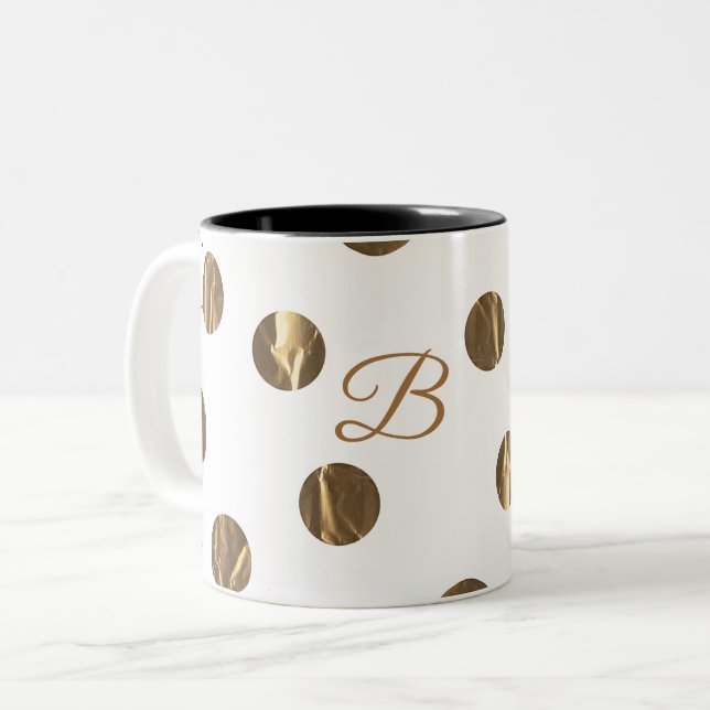 Bronze Imitate Shine Polka Dots Modern Trendy Chic Zweifarbige Tasse (Vorderseite Links)