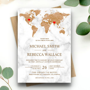 Bronze-Marmor Weltkarte für Reisende Herz Hochzeit Einladung
