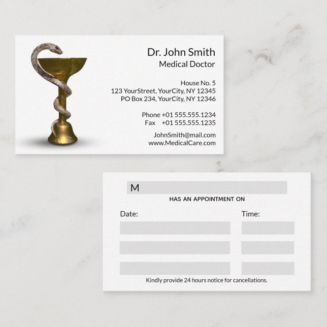 Bronze Medical Bowl Snake Hygieia White Caduceus Terminkarte (Vorne/Hinten)