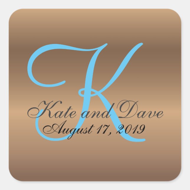 Bronze Monogram 🔑 Stilvolles Pecan Quadratischer Aufkleber (Vorderseite)