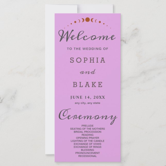 Bronze Moon Phases Plum Lila Hochzeitsprogramm (Vorderseite)