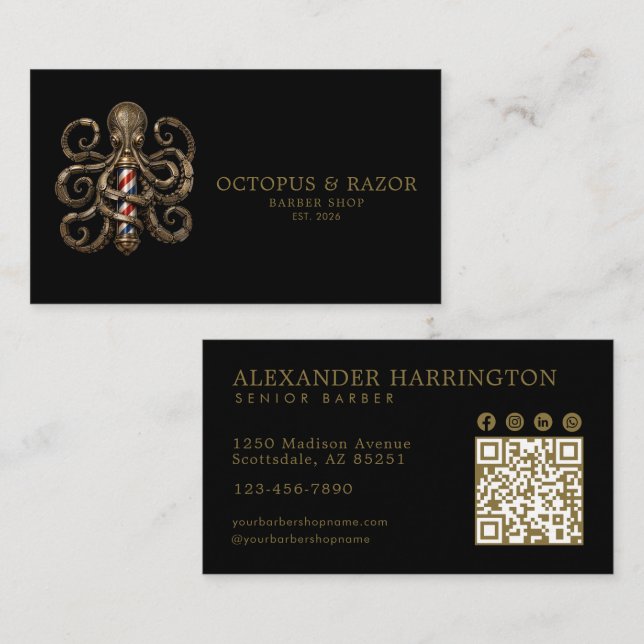 Bronze Octopus Professional Friseursalon QR-Code Visitenkarte (Vorne/Hinten)