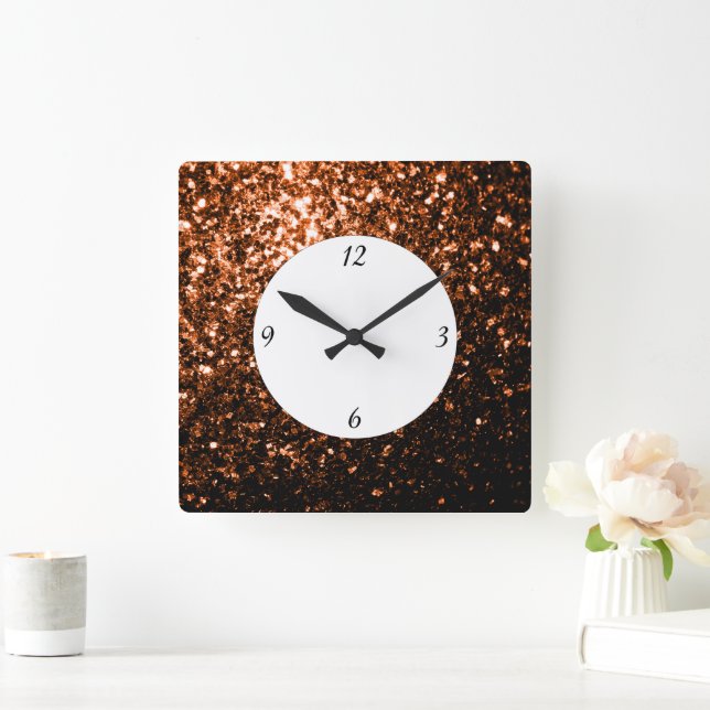 Bronze Orange Brown Glitzer Glitzern mit Zahlen Quadratische Wanduhr (Zuhause)