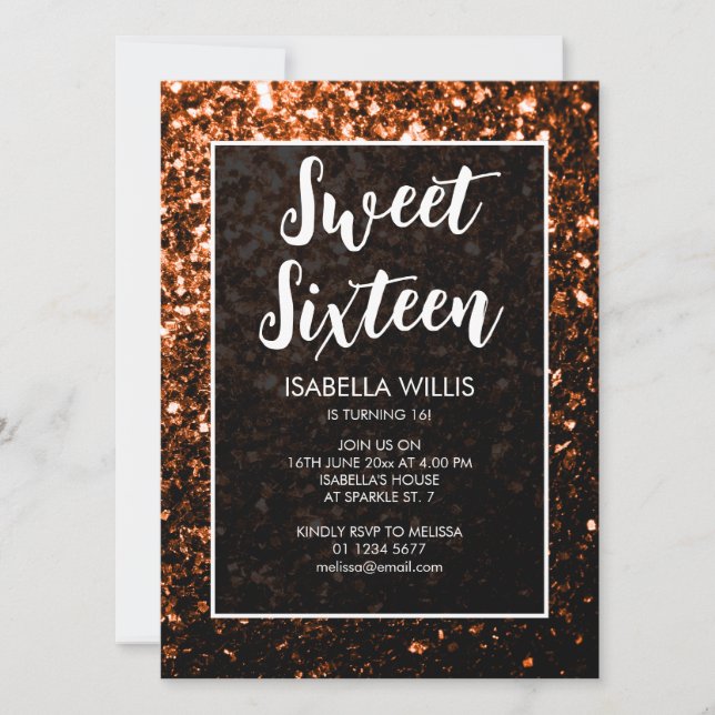 Bronze-Orange Glitzern Sweet 16 elegante Schrift Einladung (Vorderseite)