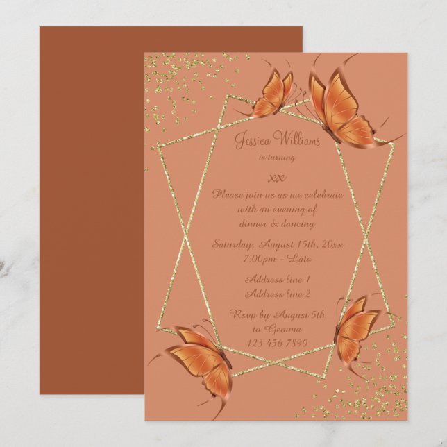 Bronze-Schmetterlinge, Glitzer & Confetti Geburtst Einladung (Vorne/Hinten)