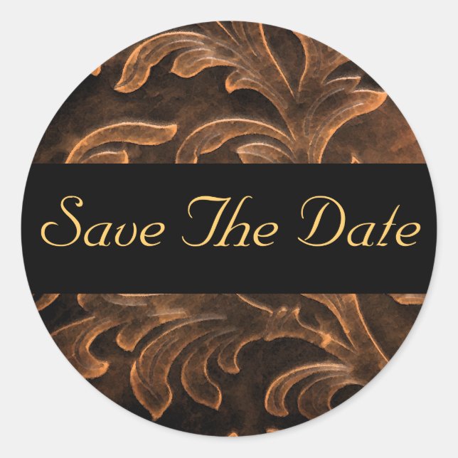 Bronze Scroll Leaf Gold Save the Date Sticker (Vorderseite)