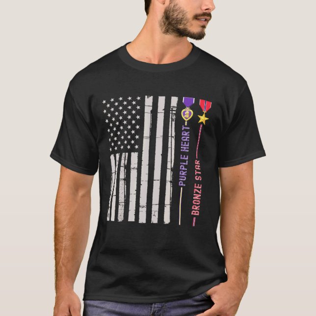 Bronze Star Lila Heart Medaille Award US Flag Vete T-Shirt (Vorderseite)