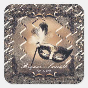 Bronze- und Creme-Masquerade-Maske Elegante Ballpa Quadratischer Aufkleber