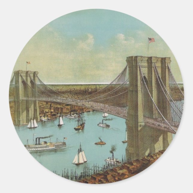 Brooklyn Bridge Color Postcard Runder Aufkleber (Vorderseite)