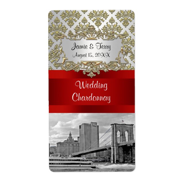 Brooklyn Bridge Gold White Damask Wine Label (Vorne)