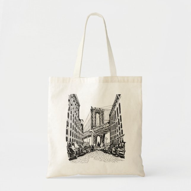 Brooklyn Bridge New York Schwarz-weiß Illustration Tragetasche (Vorne)