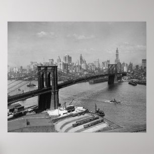 Brooklyn Bridge & New Yorker Skyline, 1920. Vintag Poster