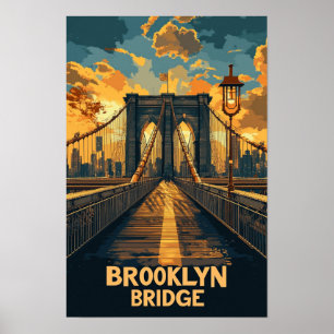 Brooklyn Bridge NY USA Vintag Illustration Travel Poster