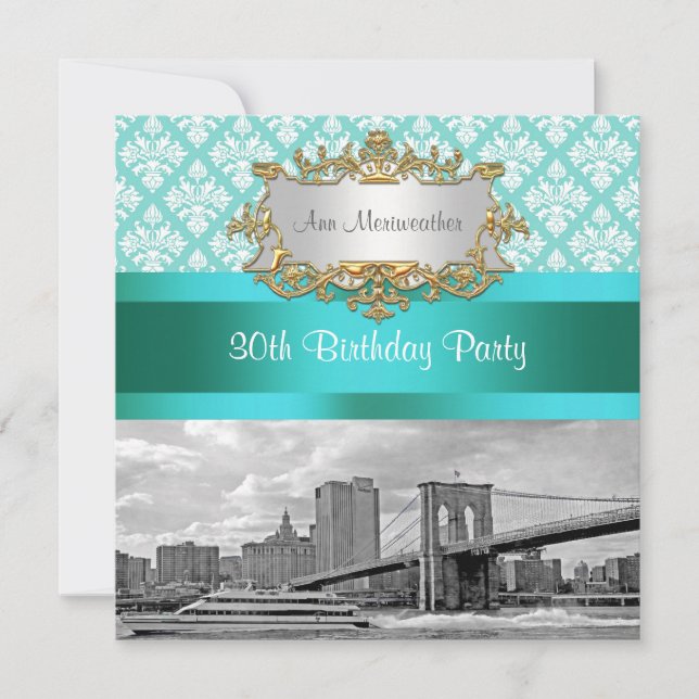 Brooklyn Bridge Turquoise Wht Damask Birthday Einladung (Vorderseite)