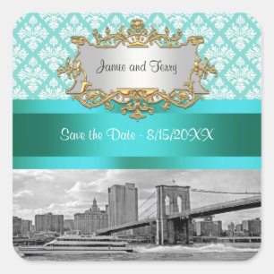Brooklyn Bridge Turquoise Wht Damask Rett Date Quadratischer Aufkleber