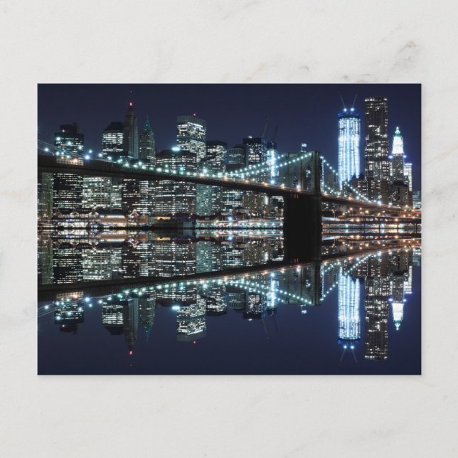 Brooklyn Bridge und The Statue of Liberty at Night Postkarte (Vorderseite)