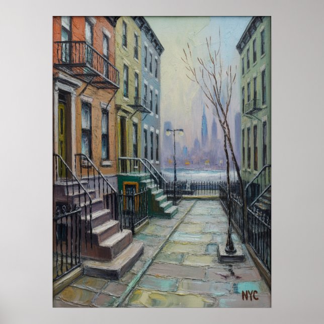 Brooklyn Brownstone-Reihe mit Manhattan-Skyline Poster (Vorne)