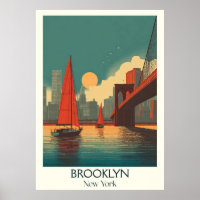 Brooklyn New York Vintag Bridge Skyline Art