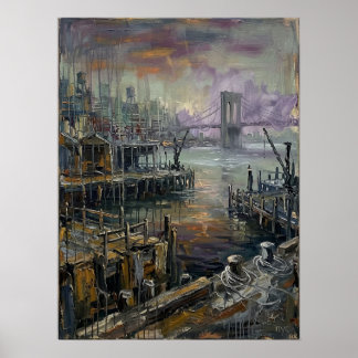 Brooklyn-Wasserfront-Sonnenuntergang mit Brückenbl Poster
