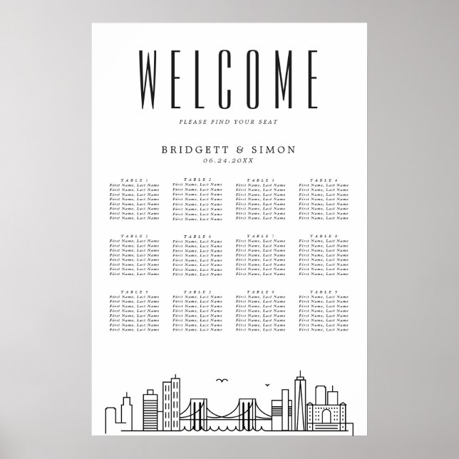Brooklyn Wedding | 12 Tabelle Seating Chart Poster (Vorne)