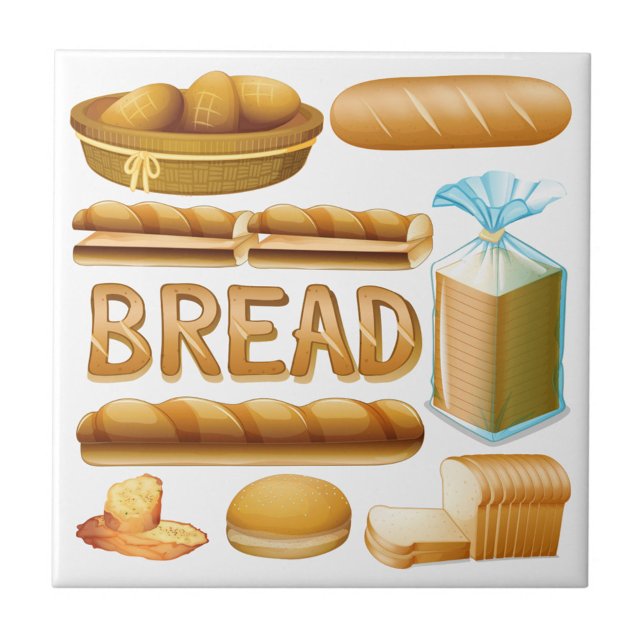 Brot Fliese (Illustration of a variety of breads, including a basket of rolls, a loaf of bread, sliced baguettes.)