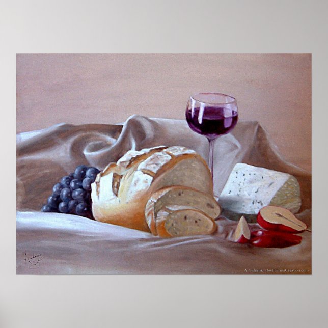 Brot und Käse mit Merlot Poster (Vorne)