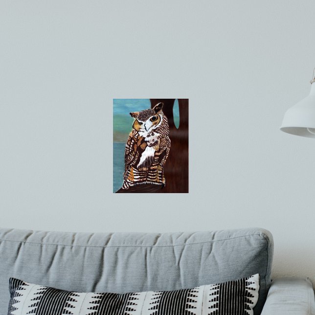 Brot- und Weißwaschmittel Poster (Pretty brown barn owl sitting in tree blue sky water background on art wall poster.)