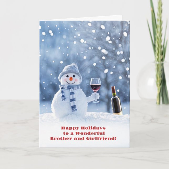 Brother Happy Holidays Niedlich Snowman Wine Karte (Vorderseite)
